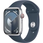 Apple Watch Series 9 GPS + Cellular - 45mm - Boîtier Silver Aluminium - Bracelet Storm Blue Sport Band - S/M