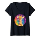 Womens Colorful Giraffe Rainbow Starry Night V-Neck T-Shirt