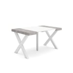 Table console extensible, pour 6 personnes, 140x90x77cm, Pieds bois massif, couleur Blanc et ciment