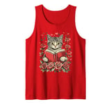 Flowers Cat Reading Book Valentines Day Graphic Funny Tank Top