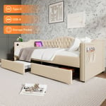 Banquette-lit rembourrée, canapé-lit, lits rangements, cadre de lit avec fonction de chargement usb Type c et 2 tiroirs 90x190cm en velours beige