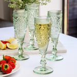 Green Flute Glasses 150ml Set Of 4 Glass Embossed Flower Champagne Prosecco Wine