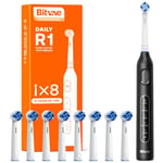 Bitvae R1 Rotating Electric Toothbrush with 8 Brush Heads for Adults and Kids, 60-Day Battery Life, 5 Modes Rechargeable Power Toothbrush with 2-Minute Smart Timer, Black