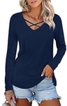 Pluslook Women's Fall Long Sleeve Tunic Tops For Leggings Criss Cross V-Neck T-Shirts Casual Blouse Sweatshirts XL, Navy Blue