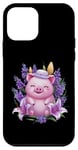 Coque pour iPhone 12 mini Cochon en style dessin animé kawaii avec lavande et lys