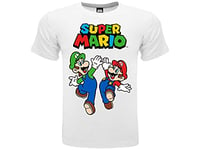 Fashion UK - T-shirt Mario et Luigi - T-shirt officiel - 100 % coton - Couleur blanche avec logo - Produit sous licence - Tailles enfant/garçon, blanc, 14 ans