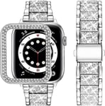 Compatible Bracelet Apple Watch 9/8/7 41mm Avec Bling Coque,Femme Métal Cristal Strass Apple Watch Wristband, Glitter Diamant Remplacement Bracelet Pour Apple Watch Séries 9/8/7, 41mm Argenté