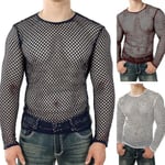 Sexig T-shirt för män Mesh Fishnet ärmlös undertröja Topp A Black L