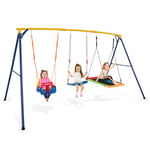 GYMAX 3 in 1 Kids Swing Set, Heavy Duty Metal Swing Frame with Belt Swing, Rectangular Swing&Adjustable Swing Seat, Outdoor Children Playground Set for 3-10 Years Old, Max Weight 300kg (350x182x195cm)