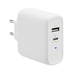 Amazon Basics Chargeur secteur GaN à deux ports 63W avec USB-C (45 W) et USB-A (18W) pour ordinateurs portables, tablettes avec alimentation - Blanc (sans PPS), 6,6 x 2,94 x 6,24cm