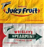 Wrigleys Spearmint Juicy Fruit Chewing Gum 7 Packs (5 Sticks Per Pack)