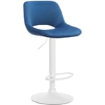 Tabouret de bar chaise haute x1 avec repose-pieds en velours bleu piètement métallique blanc