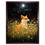 Watching the Fireflies Dance Happy Fox over a Wildflower Meadow Oil Painting Orange White Blue Full Moon Spring Night Dreamy Landscape Art Print Frame