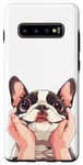 Coque pour Galaxy S10+ Adorable chien terrier de Boston Mains sur les joues Drôle Chien Maman Papa