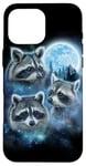 Coque pour iPhone 16 Pro Max Trois ratons laveurs engloutis dans les nuages de galaxie sous la lune glacée