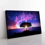 Big Box Art Lone Tree Beneath a Purple Sunset in Abstract Canvas Wall Art Print Ready to Hang Picture, 76 x 50 cm (30 x 20 Inch), Brown, Blue, Lavender, Mauve, Lavender