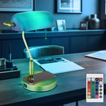 Lampe de bureau lampe de banquier lampe de table vieux laiton verre vert, chargement sans fil port usb, interrupteur à tirette, télécommande, 1x led