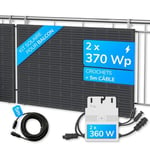 Panneau solaire LightMate 740Watt, kit complet pour balcon avec 2 panneaux solaires, 2 onduleurs (puissance 720W), câble de connexion, câble électrique (5 m) et crochets de fixation ajustables