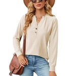 KONFEN Women Casual V Neck Tops, Ladies Blouses Button Up Shirts, Long Sleeve Shirt Solid Color Loose Fit for Autumn Winter Spring, White XL