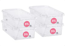 SmartStore 31L Boîtes Rangement sous le lit en Plastique avec Couvercles-Lot de 4-Transparentes - Emboîtables et Empilables-Apte au contact alimentaire,sans BPA-Fermeture à Clips Blancs-L72xW40xH19 cm