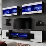 Meuble TV Foggia Komodee - LED Bleues - Blanc Brillant et Noir - Facades en Brillant - 230 x 195 x 35 cm