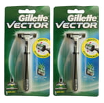 2X Gillette Vector Shaving Razor Plus Handle + 2 Blade Cartridge + Lube Strip