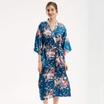 Robe De Chambre Satin Femme,Saint Valentin Lingerie Sexy Soie Soie Rétro Imprimé Floral Babydoll Robe Robe Peignoir Kimono Chemises Vêtements De Nuit Homewear Pour Cadeaux D'Amis,Bleu Paon,Taille