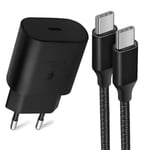 CQBB 25W PD-laddare + 1M nylon USB-C till USB-C-kabel för Samsung S22 Ultra S22 S23+ S23 Ultra S21 FE S21 S20 S10 S9 - Svart