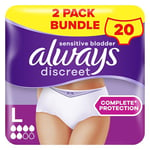 Always Discreet Incontinence Pants Women Large, L, UK 16-22, White, Absorbency 6, 20 Disposable Underwear Women / Knickers (10 x 2 Packs), Adult Diapers For Women