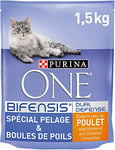 PURINA ONE Bifensis Pelage & Boules de Poils Croquettes Au Poulet Et Aux Céréales Complètes pour Chats Adultes | Sac de 1,5 kg | Lot de 6