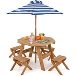 Goplus - Table de Pique-Nique Enfant avec 4 Tabourets et Parasol Amovible, 1 Table et 4 Chaises Salon de Jardin en Bois pour Enfant 3+ Ans, pour