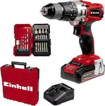 Einhell Perceuse Visseuse à percussion sans fil TE-CD 18/2 Li-i +22 (1x2,5 Ah) Power X-Change (Li-Ion 18 V, Couple 44 Nm ) Livré avec Batterie 2,5 Ah, Chargeur rapide et 22 Accessoires