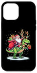 Coque pour iPhone 12 Pro Max Costume de pyjama Père Noël chevauchant dinosaure T rex cerf lumières de Noël