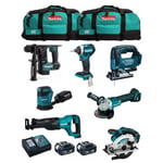 MAKITA Kit MK704 (DHR171 + DGA504 + DTD154 + DJR186 + DJV182 + DSS610 + DBO180 + 2 x 5,0 Ah + DC18RC + 2 x LXT600)