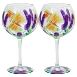 2pc Hand Painted Gin Glass Butterfly Balloon Copa Tonic Cocktail Floral Flower