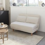 Canapé convertible en tissu bouclettes blanches- Guesta - 2 places scandinave. pieds bois foncé. banquette. dossier inclinable