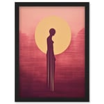 Sunrise Solitude Minimalist Artwork Plum Pink Gold African Woman Silhouette in Golden Sun Halo Artwork Framed Wall Art Print A4