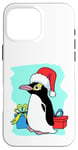 Coque pour iPhone 16 Pro Max Pingouin de Noël avec bonnet de Père Noël et cadeaux - Art de vacances