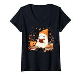 Womens Cute Ghost Reading Book Lovers Halloween Ghost Coffee Cozy V-Neck T-Shirt