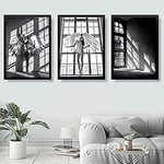 Artze Wall Art Fashion Woman Angel Wings Window Shadow Monochrome Photograph Gallery Wall Art Print Picture Poster 3-Piece Set, 30 cm Width x 40 cm Height, Black/White