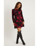 Dorothy Perkins Womens Petite Red Floral Puff Sleeve Fit And Flare Mini Dress - Black - Size 6 UK