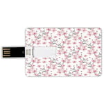 16G USB Flash Drives Credit Card Shape Watercolor Memory Stick Bank Card Style Vintage Japanese Garden Flourishing Sakura Cherry Branches,Pale Pink Reseda Green White Waterproof Pen Thumb Lovely Jump