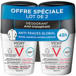 LOT*2 Vichy Homme Déodorant Bille 48H Anti-Transpirant Anti-Traces Protection Chemise 2 x 50 ml Rouleau 2x50