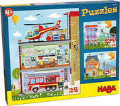 HABA 304186 - Puzzles Ma Petite caserne de Pompiers - 3 Puzzles de 24 pièces chacun, 3 Motifs différents de Pompiers, Puzzle Amusant à partir de 4 Ans