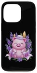 Coque pour iPhone 13 Pro Cochon en style dessin animé kawaii avec lavande et lys