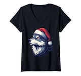 Womens Wolf Santa Hat Xmas Wolf Wild Animals Lover Christmas Pajama V-Neck T-Shirt