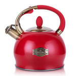 SUSTEAS Stove Top Whistling Tea Kettle-Surgical Stainless Steel Teakettle Teapot with Cool Touch Ergonomic Handle,1 Free Silicone Pinch Mitt Included,3 Liter(RED)