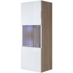 Vitrine murale 1 porte avec led Meuble de Rangement suspendu 40x126x29cm 3 compartiments Modèle Luke V3 Sonoma mat et Blanc Finition brillante