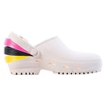 REPOSA Max Plus Sabots sanitaires Blancs Taille 45, Chaussures sanitaires, polymère Antistatique Naturel, Tige fermée, Trous latéraux, Semelle Anatomique SRC, 3 Lacets Jaune, Fuchsia, Noir