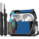 RFUNGUANGO case Compatible with AirPods Pro 2nd/1st Generation(2023/2022/2019) with Secure Closure Clip, Automatic Pop-up Case, Shockproof Full Body Hard Case,Carbon Fiber Blue